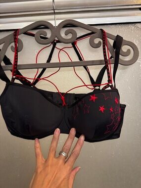 Marlies Dekkers Black Balconette Bra with Red Star Embroidery 34D